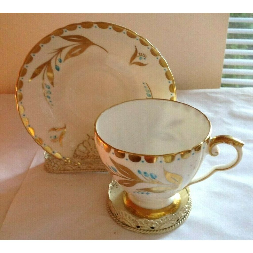 Vintage Royal Grafton – Bone White with Gold Floral & Teal Dots Tea Cup & Saucer